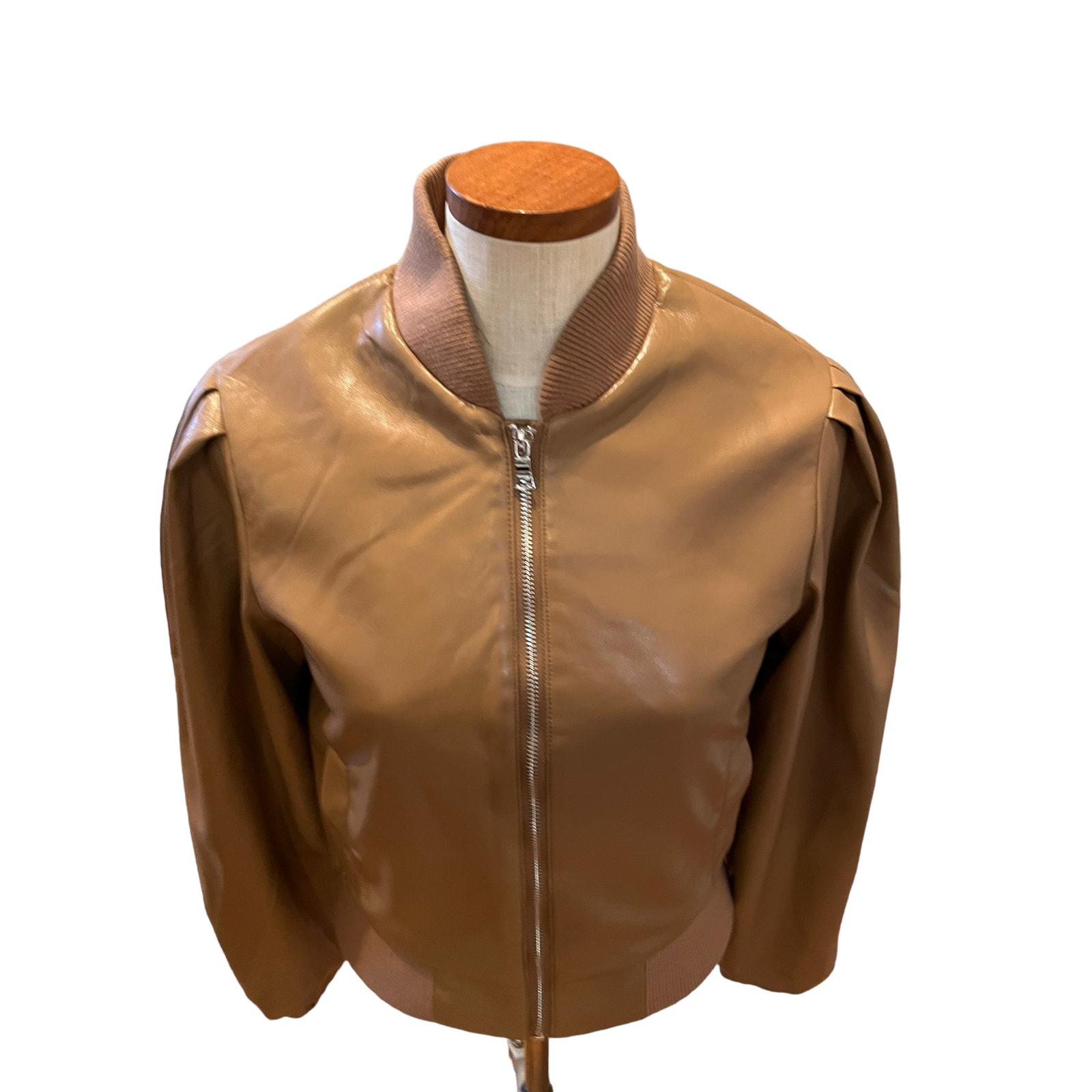 House Of Harlow 1960 Faux Leather Puff Sleeve Bomber Jacket Mocha Brown S